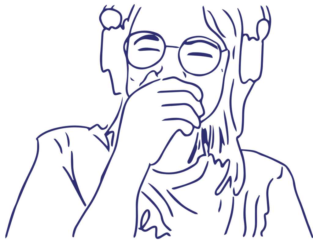 Outline of Mary Paige laughing with headphones on
